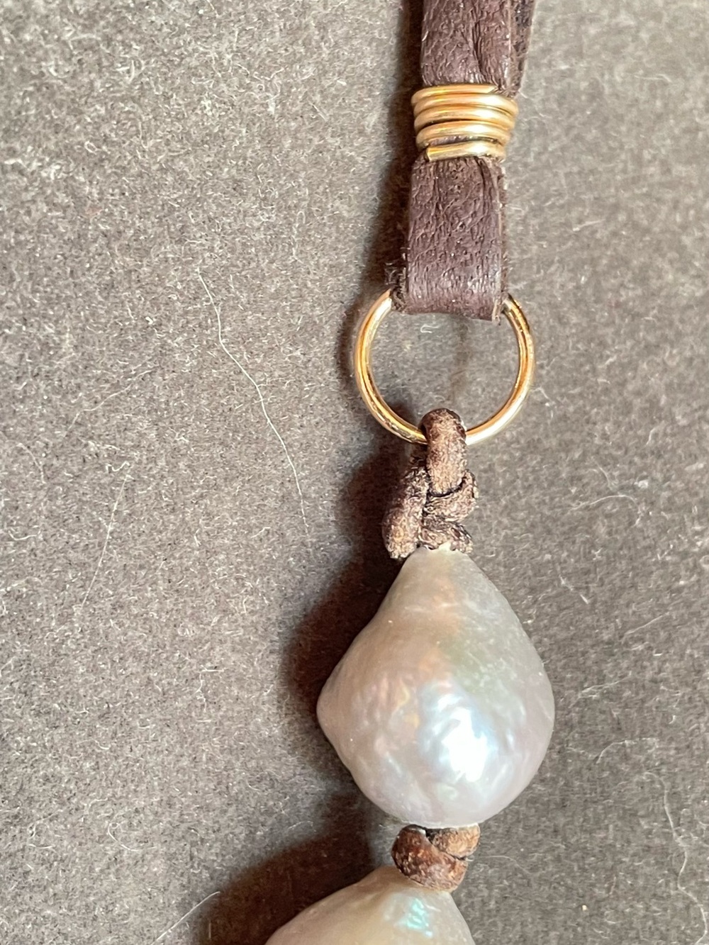 Gray Pearl Necklace with Brown Suede Tie - Picture 4 of 8